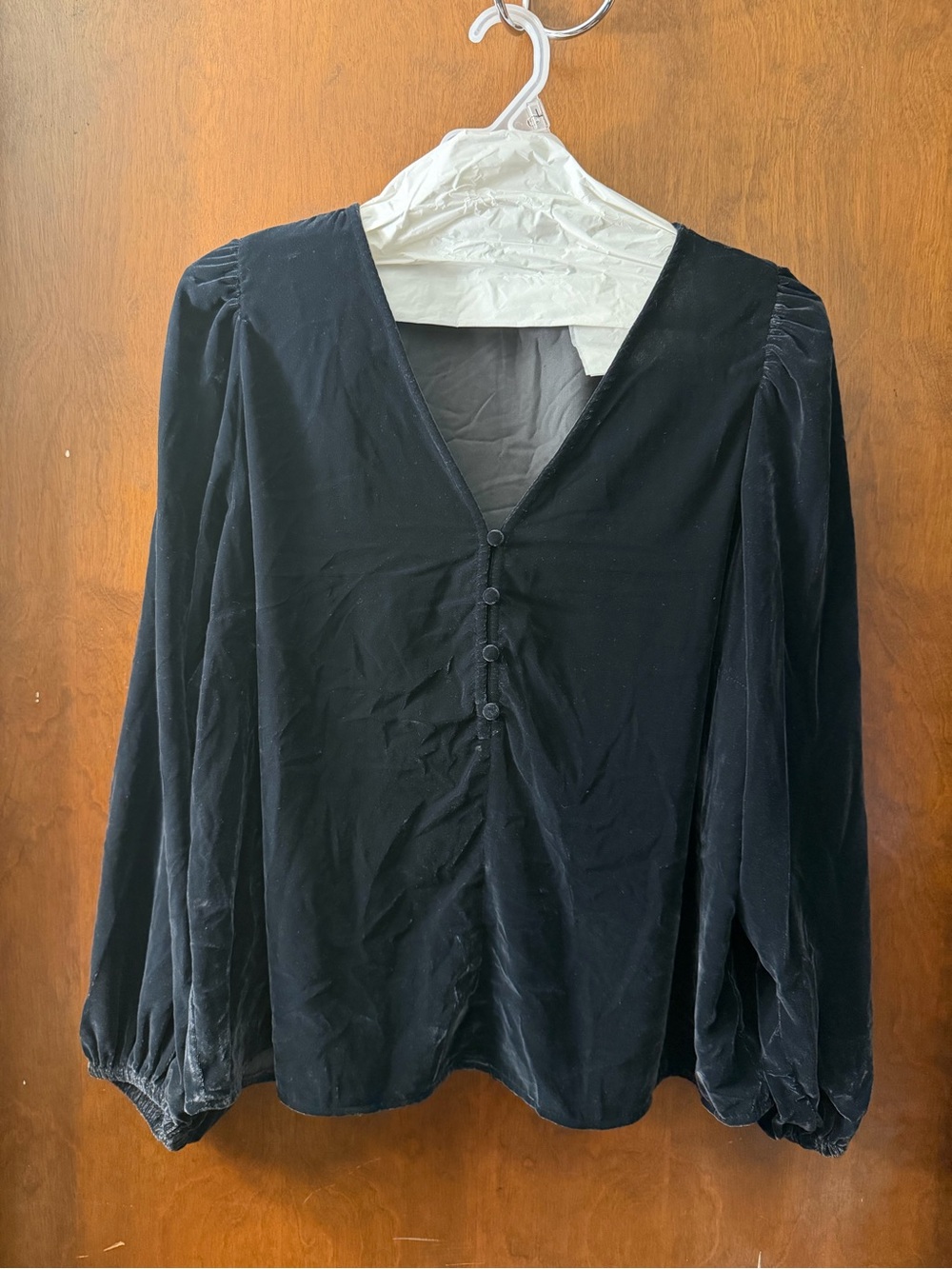 Old Navy Black Velvet V-Neck Button Blouse with Puff Sleeves